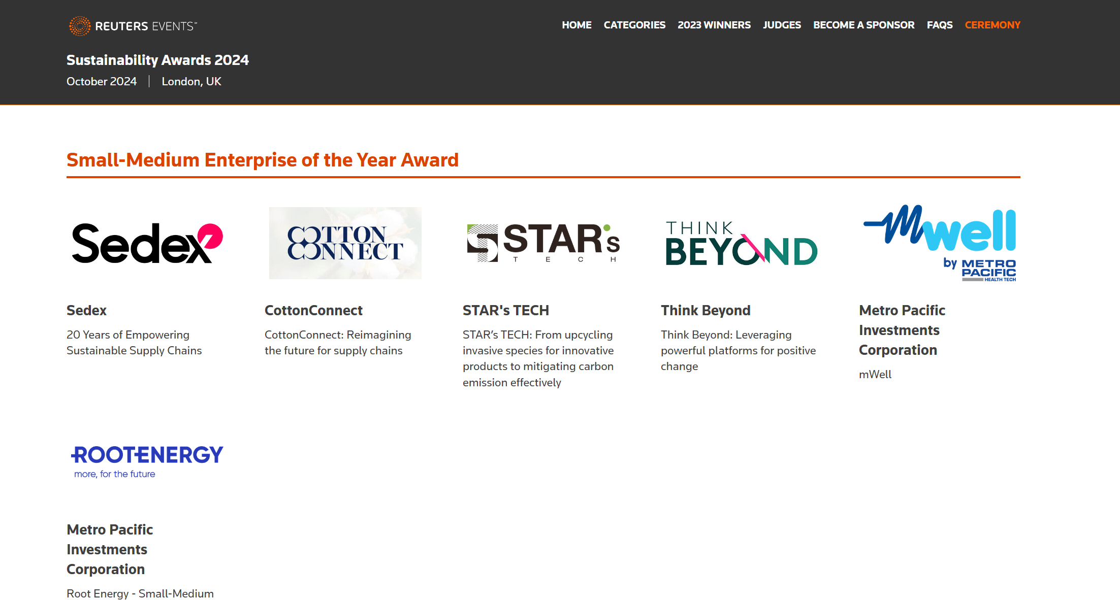 2024 Reuters Events Small-Medium Enterprise of the Year category listing including STAR’s TECH