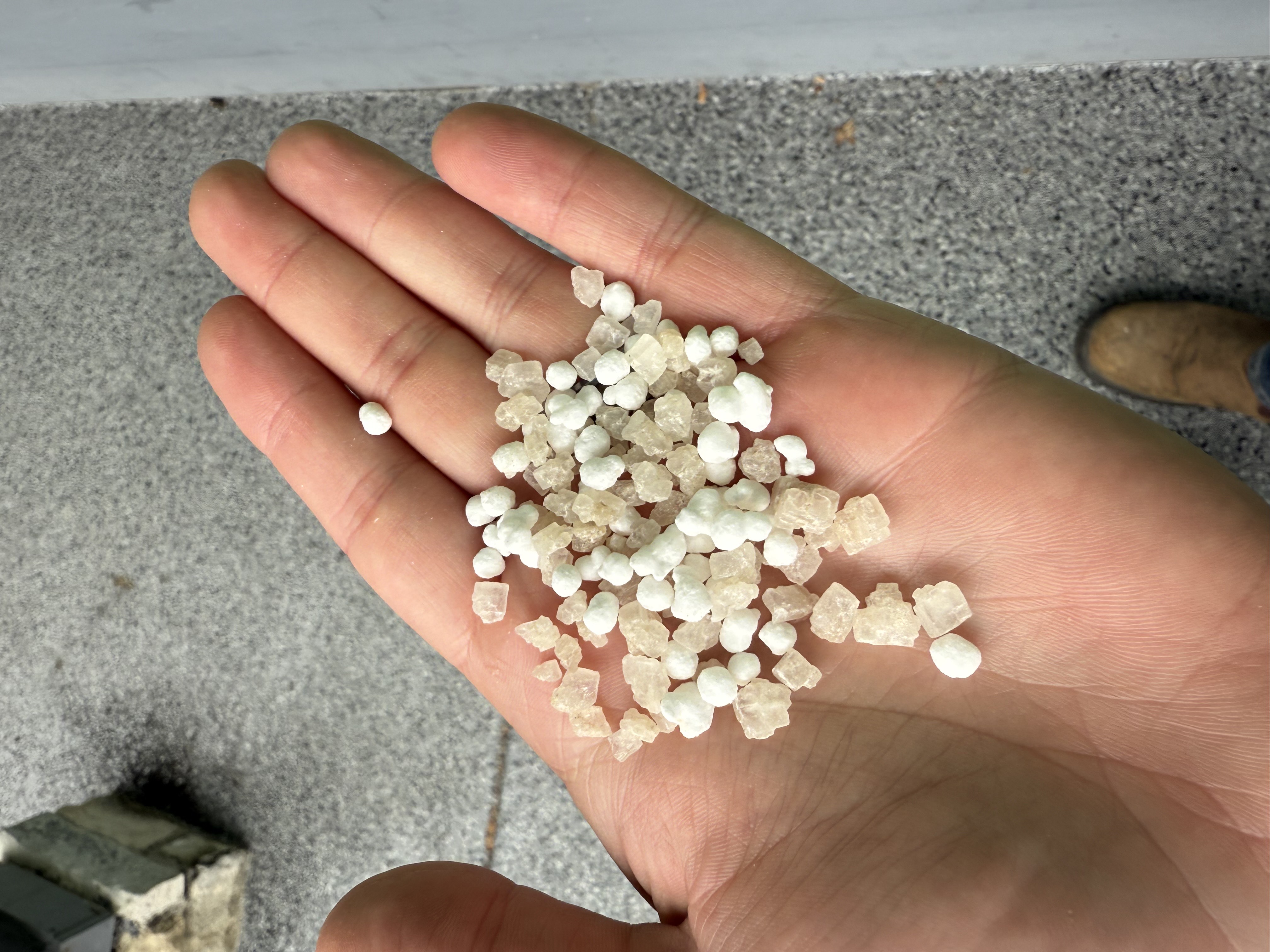 A hand holding a sample of deicing granules